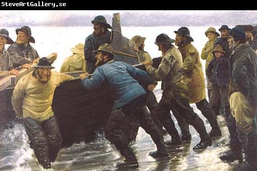 Michael Ancher Fishermen setting a rowing boat ashore